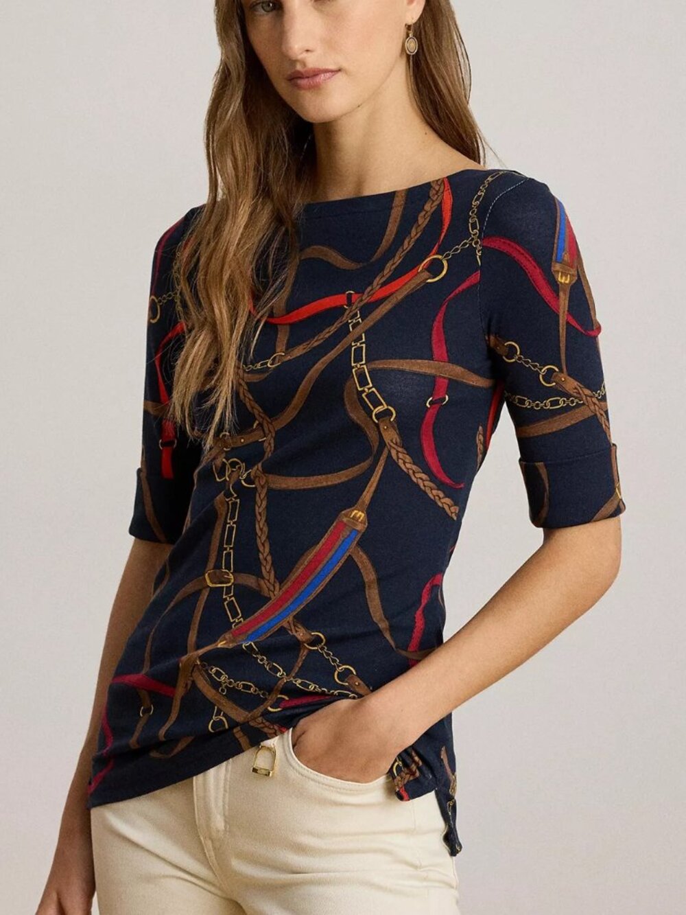 Lauren Ralph Lauren Women's Belting Print Boat Neck T-Shirt, Size XXL (New)